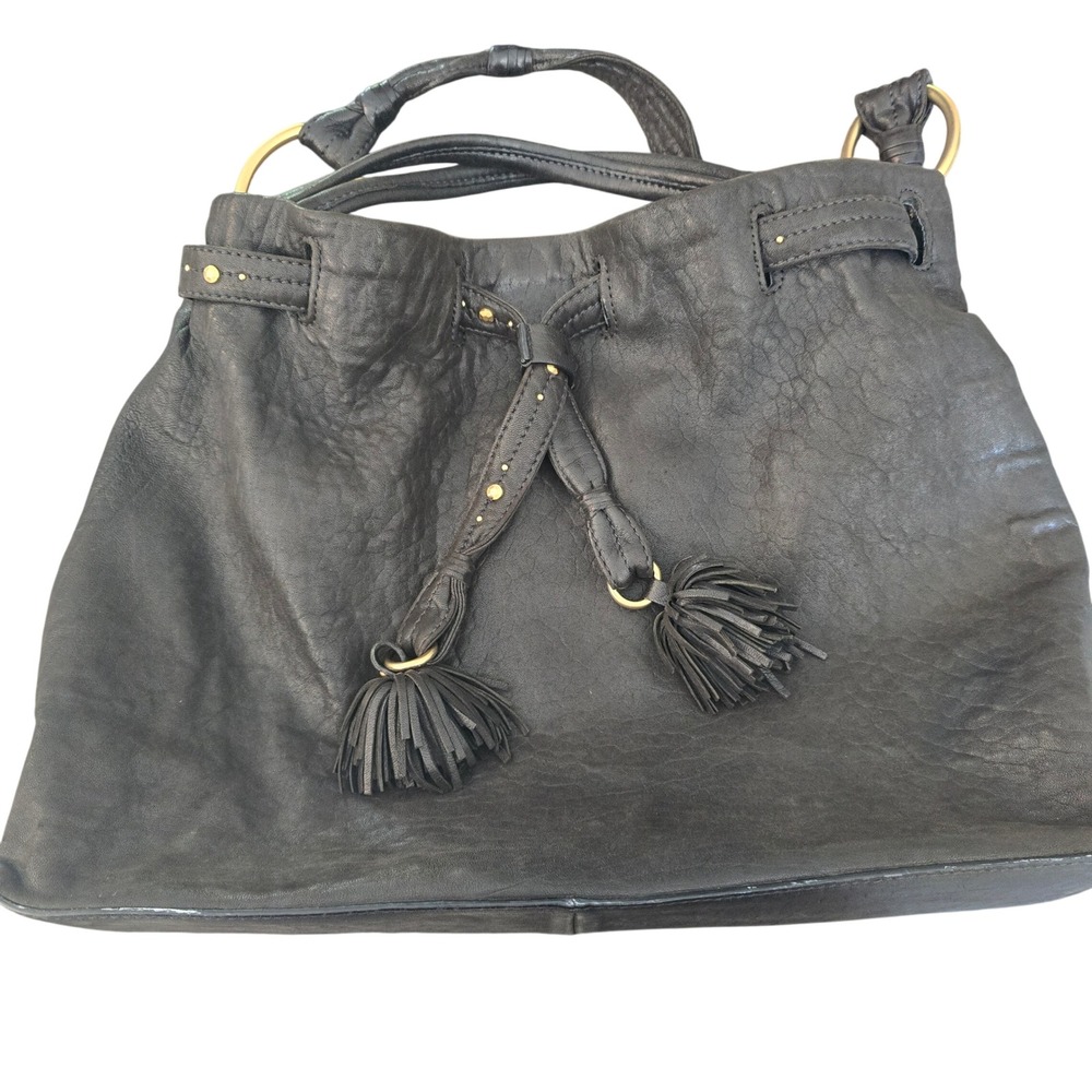 Sigrid Olsen Black Pebbled Leather Tassel Drawstring Hobo Shoulder Gold Studs